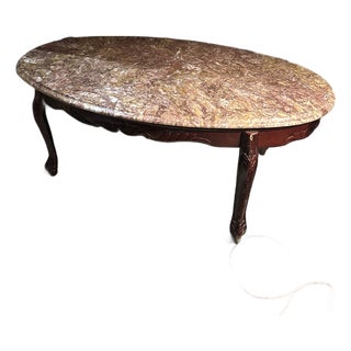 Vintage Marble Top Coffee Table With Detailed Wood Base For Sale
