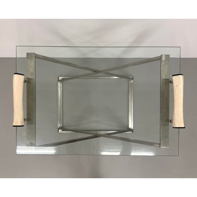 Contemporary Vintage Stainless Steel & Glass Serving Table With Horn Handles For Sale - Image 3 of 7
