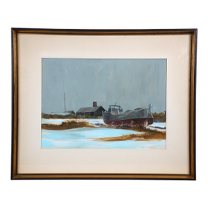 1960s Robert Pailthorpe Old Fishing Wharf Nautical Rhode Island Seascape Watercolor 28", Framed