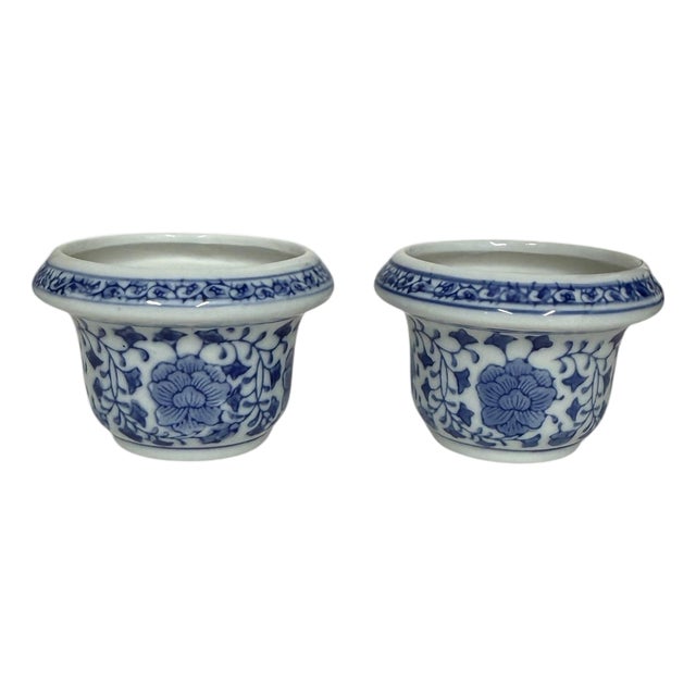 Vintage Miniature Chinoiserie Blue and White Planters - A Pair For Sale