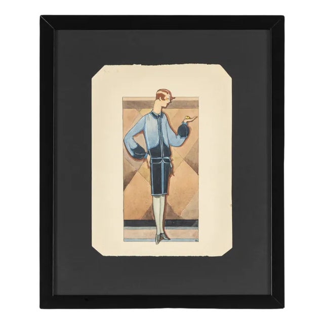 Art Deco Fashion Drawing, Gouache on Paper, Framed For Sale