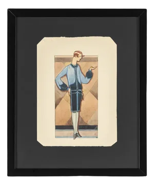 Art Deco Fashion Drawing, Gouache on Paper, Framed