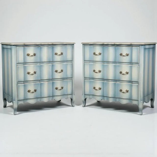 French Mid-Century French Louis XV Style Chests / Commodes W/ Custom Blue Paint - Pair For Sale - Image 3 of 9