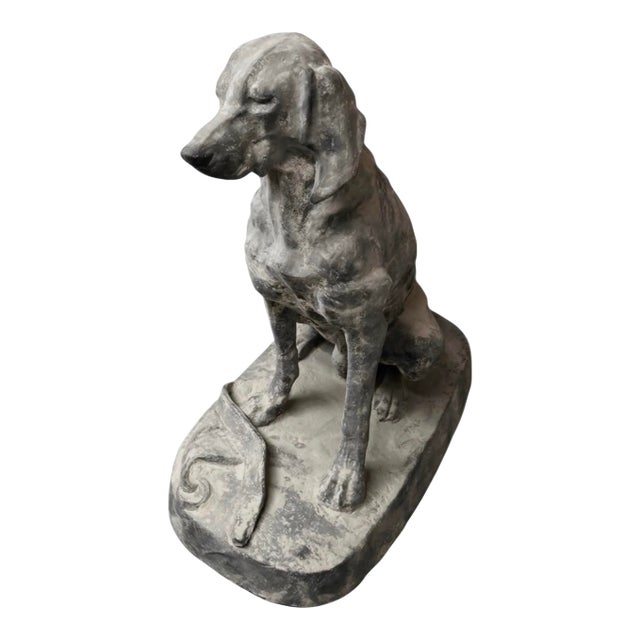 Vintage Weathered Cast Iron Seated Hound Dog Statue For Sale