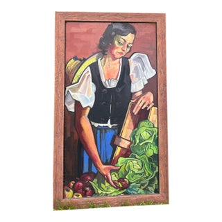 1960s Josef Lacina (1899-1975) Original Oil Painting Market Woman Vienna Signed For Sale