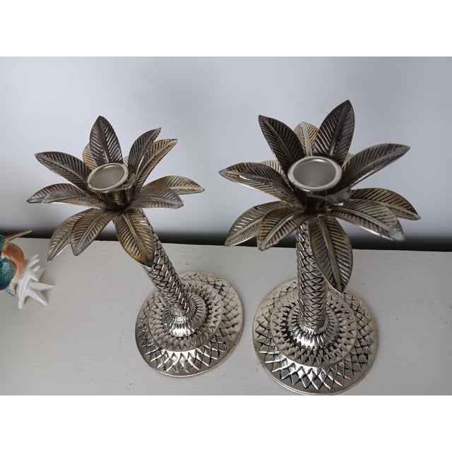 Metal Palm Tree Candleholders in Silver-Plated Metal, 1980s, Set of 2 For Sale - Image 7 of 8