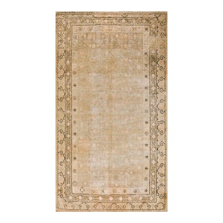 1920s Tan Camel Geometric Antique Central Asian Chinese Khotan Rug 6'6"x11'10" Knotted Wool Carpet For Sale