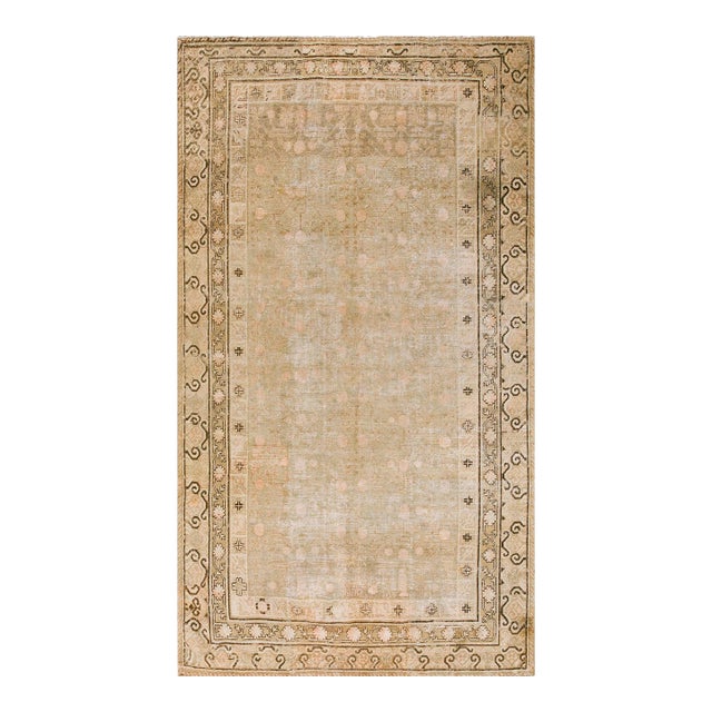 1920s Tan Camel Geometric Antique Central Asian Chinese Khotan Rug 6'6"x11'10" Knotted Wool Carpet For Sale