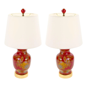 Late 20th Century Red Lacquered Hand Painted Red & Gold Porcelain Table Lamps