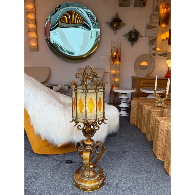 Metal Large Hammered Glass Wrought Iron Lantern Lamp by Longobard, Italy, 1970s For Sale - Image 7 of 13