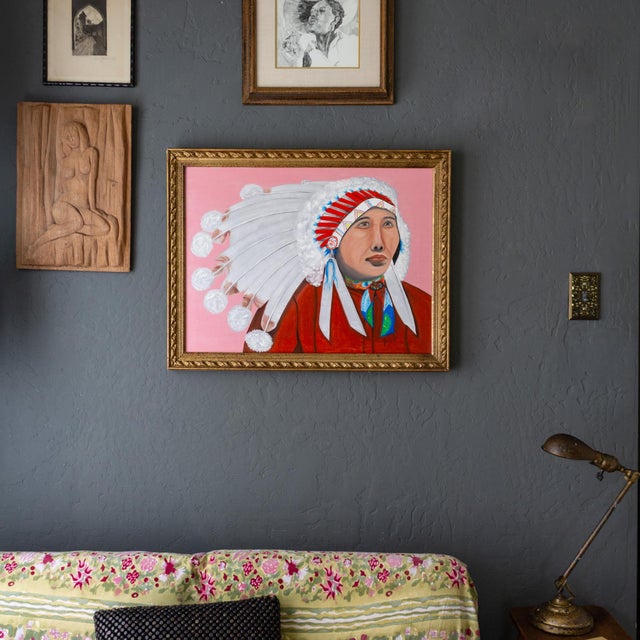 Wood Pop Art Style Painting of Indigenous Native American in Pink and Red For Sale - Image 7 of 11