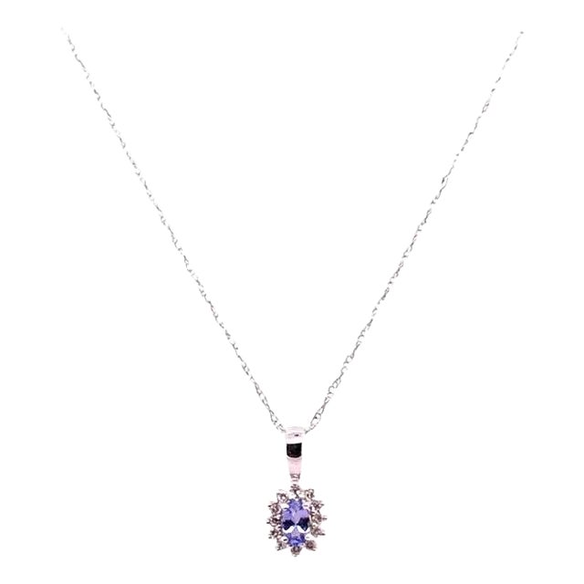 14 Karat White Gold Necklace With Diamonds and Oval Tanzanite Pendant For Sale
