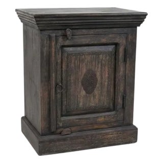 1990s Rustic Solid Wood 24" Wide Nightstand With Metal Motif Accent For Sale