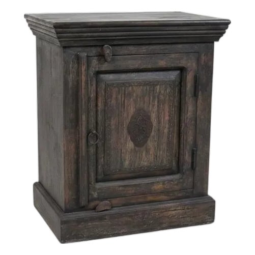 1990s Rustic Solid Wood 24" Wide Nightstand With Metal Motif Accent For Sale