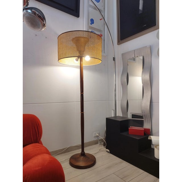 Wood Floor Lamp with Vienna Straw Lampshade, Italy, 1950s For Sale - Image 6 of 7