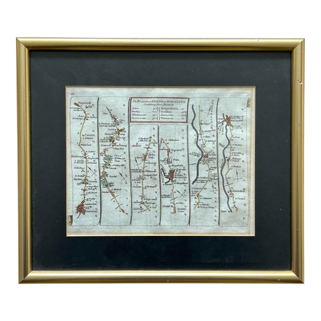 Original English 18th Century Strip Road Map - The Road From Bristol to Worcester & Cambridge to Coventry For Sale