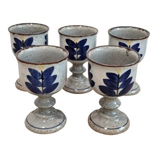 Mid 20th Century Otagiri Mid Century Modern Blue Floral Stoneware Chalice Pedestal Goblets Wine Glasses - Set of 5 For Sale
