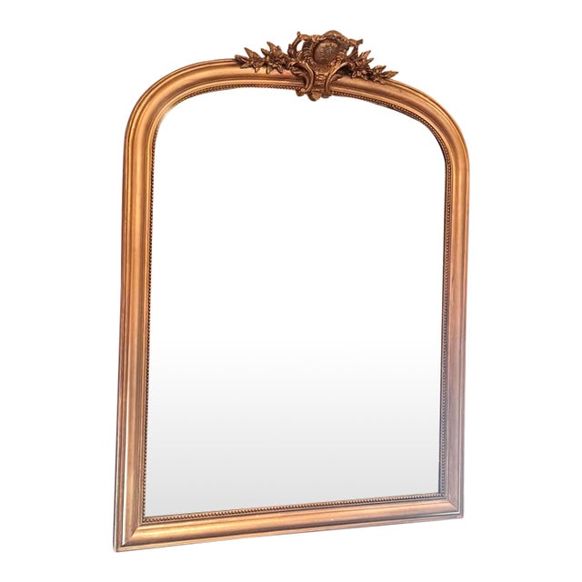 Monumental 19th Century French Louis Philippe Giltwood Arched Overmantel Mirror With Floral Crest For Sale