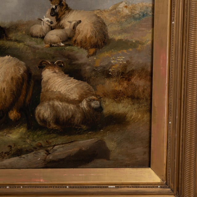 Wood 19th Century Large Oil on Canvas of Scottish Highland Sheep and Shepherd For Sale - Image 7 of 12