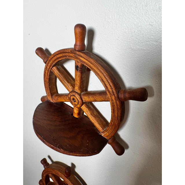 Vintage Nautical/Coastal Solid Wood Ship Wheel Wall Shelves, a Pair For Sale In Houston - Image 6 of 9