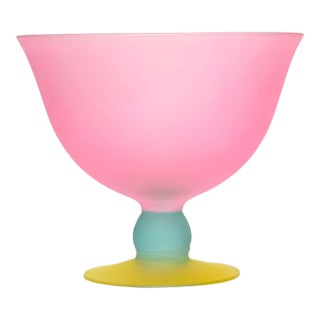 Large 1980s Color Blocked Frosted Glass Serving Bowl For Sale