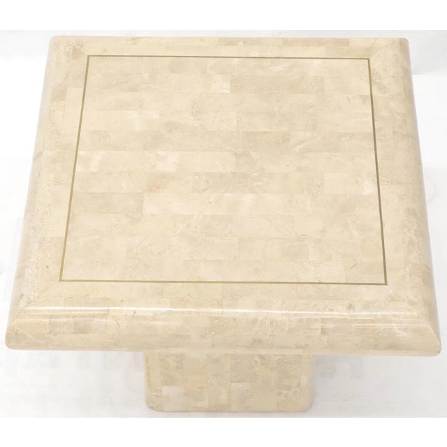 Mid-Century Modern Square Tessellated Stone Veneer Brass Inlay End Tables Stands - a Pair For Sale - Image 3 of 13