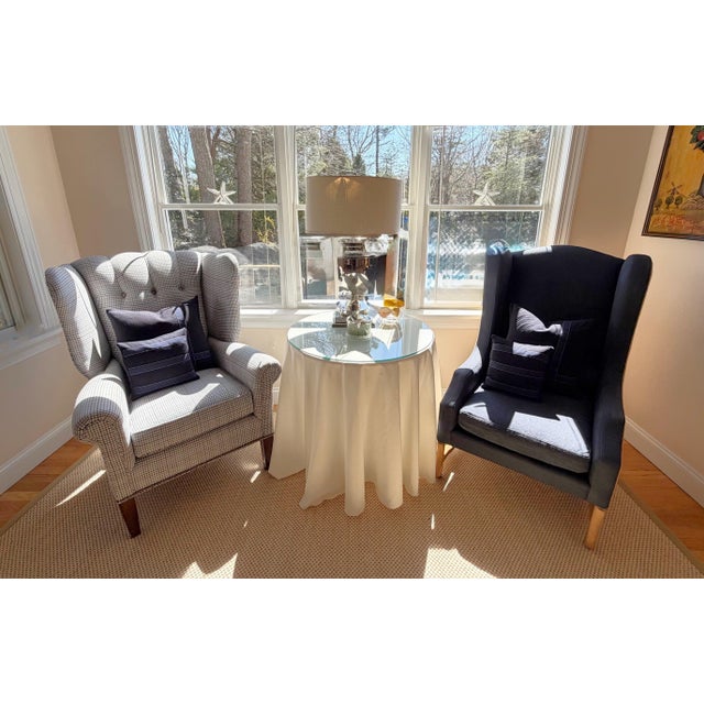 Traditional A Pair of Custom Blue Wingback Chairs Blue Herringbone by Mitchell Gold & Bob Williams / Navy Blue Linen by Restoration Hardware For Sale - Image 3 of 18