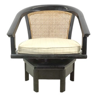 Vintage Hollywood Regency Black Lacquer Swivel Chair With Cane Back For Sale