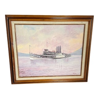 1970s Randles Robert Fulton Steamer Ship Nyc Hudson River Oil Painting For Sale