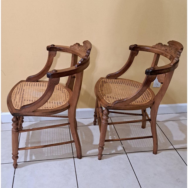 Antique 1800s Wood Chairs Pair Carved Back Recaned Seats Refinished For Sale - Image 4 of 13