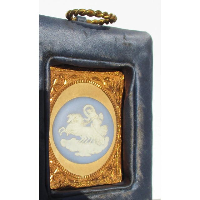 Vintage Wedgwood medallion in a gilt photo frame and in a silk-wrapped mount with hanging ring. Beautiful deep blue silk...