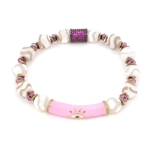 Pink Evil Eye White Nepal Agate Beaded Love Protection Bracelet For Sale In Miami - Image 6 of 6