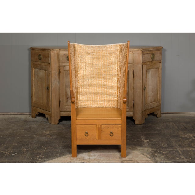 Orkney Island Scottish Oak Wingback Chair with Two Drawers, Vintage For Sale In Atlanta - Image 6 of 12