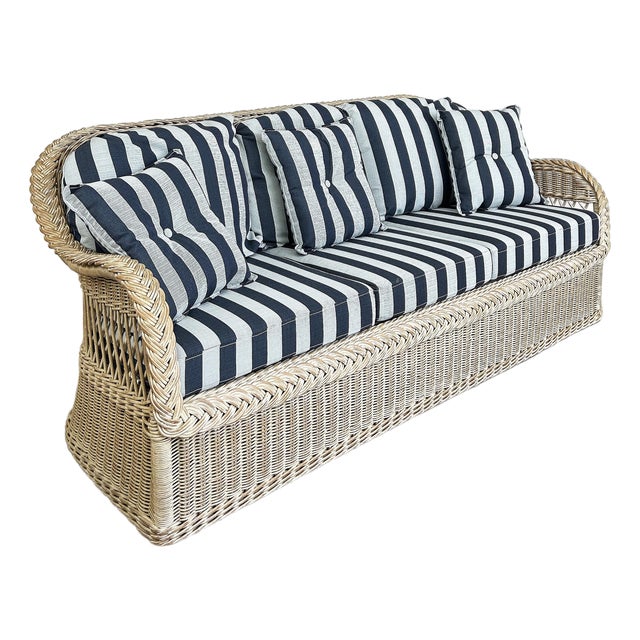 Mid 20th Century Henry Link Rattan Sofa With New Sunbrella Upholstery and Cushions For Sale