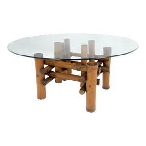 Mid Century Modern Round Glass Top Thick Diameter Bamboo Base Coffee Table MINT