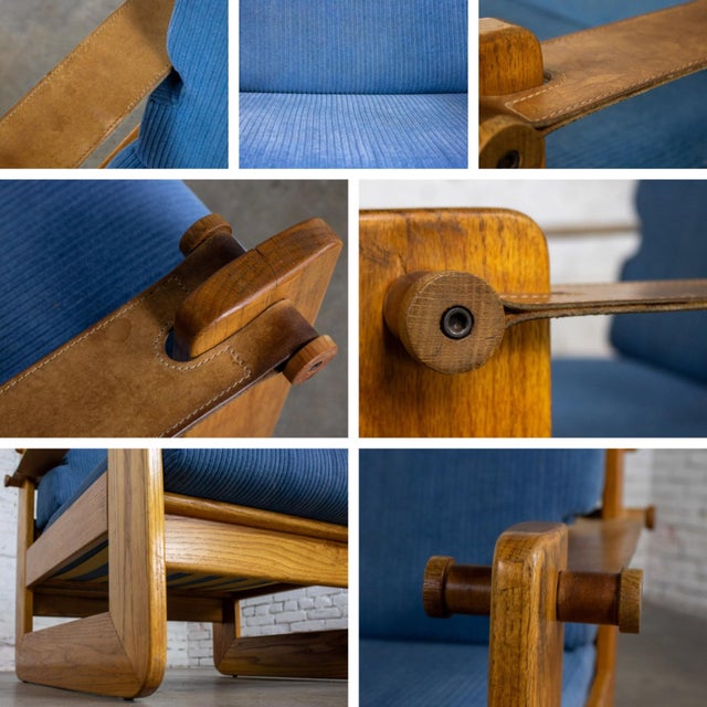 Mid to Late 20th Century Scandinavian Modern Oak Safari Sling Club Armchair Tan Leather Arms & Blue Corduroy For Sale - Image 10 of 18
