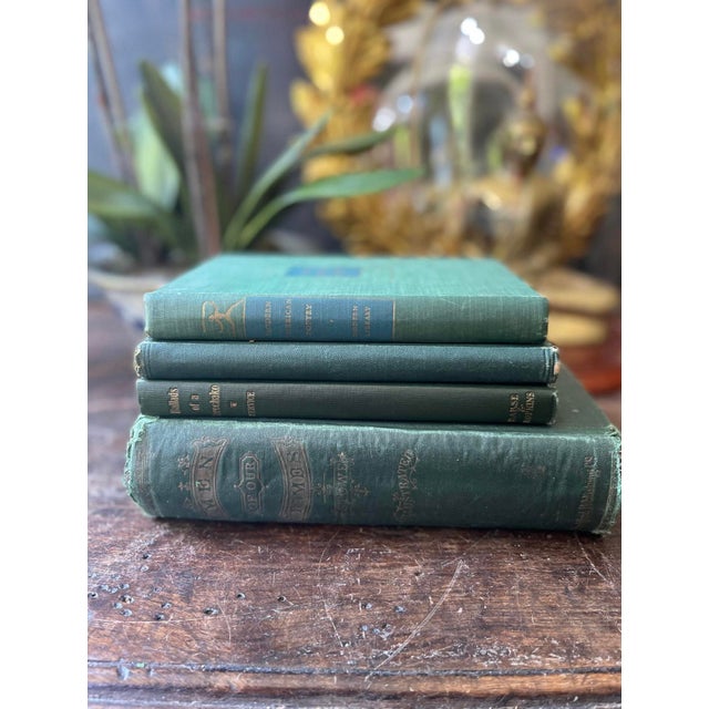 Set of Four (4) Antique Green Decorative Books Pretty Old Bookstack For Sale - Image 9 of 10