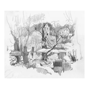 1963 Norman Kent Village and Pond Landscape Drawing