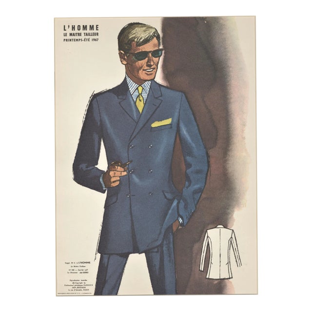 1967 Mid-Century French Men's Tailoring Fashion Lithograph, Matted For Sale