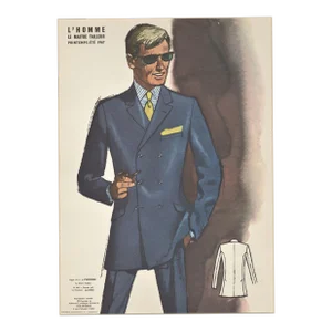 1967 Mid-Century French Men's Tailoring Fashion Lithograph, Matted
