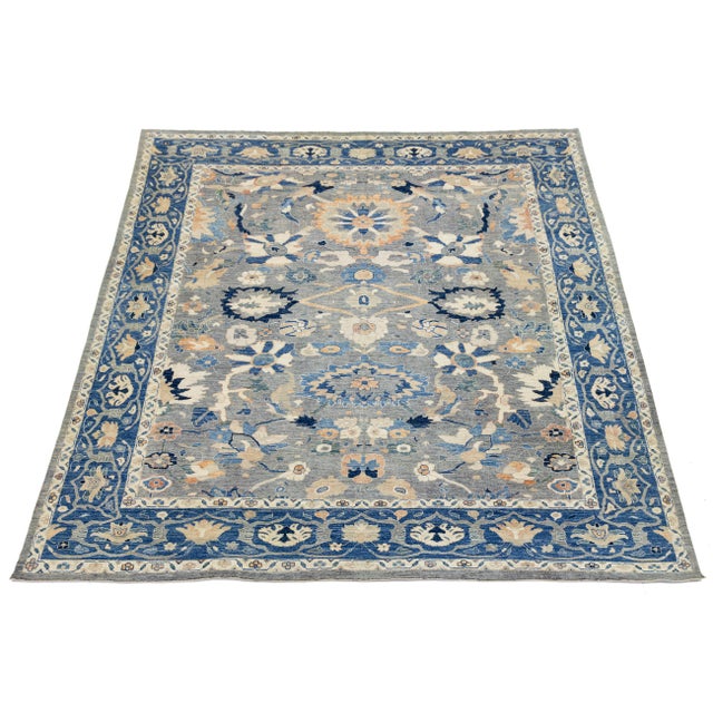 12x15 Modern Floral Oushak Style Wool Area Rug in Muted Slate Blue For Sale In New York - Image 6 of 11