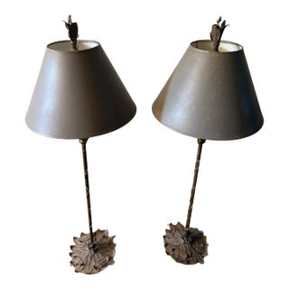 Pair Vintage Hart & Associates Antique Brass Candlestick Buffet Lamps Taupe Painted Shades and Vine Foliage Detailing For Sale