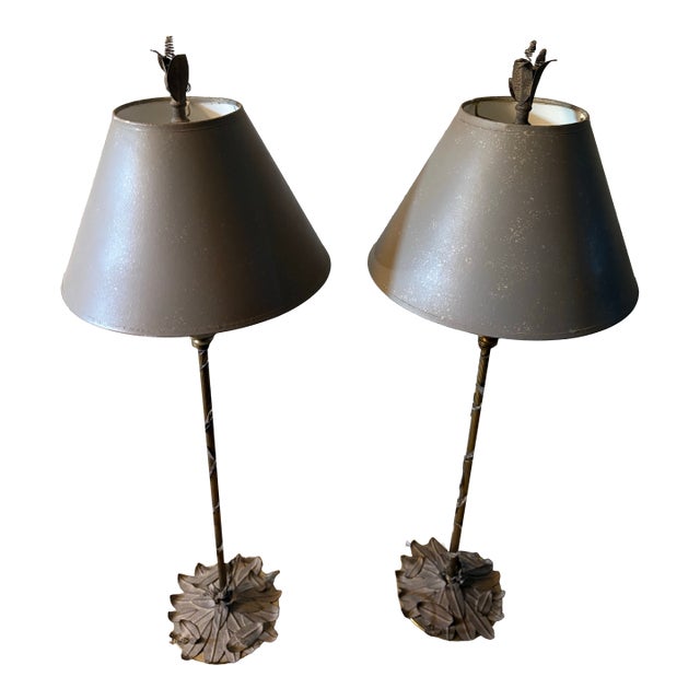 Pair Vintage Hart & Associates Antique Brass Candlestick Buffet Lamps Taupe Painted Shades and Vine Foliage Detailing For Sale