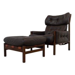 Set of Mid-Century Modern Scandinavian Safari Lounge Chair and Ottoman by Bruksbo, 1970s For Sale