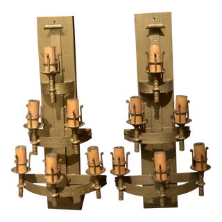 Antique Pair of Gold Hammered Scrolled Wrought / Cast Iron 6 Lights Tiered Wall Sconces For Sale