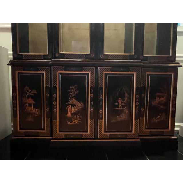 Mid 20th Century Ethan Allen Handpainted, Black and Gold Chinoiserie Asian China Display Cabinet and Buffet For Sale - Image 11 of 12