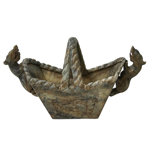 Chinese Chinese Stone Carved Basket With Mythical Beasts, Archaic Motifs , Braided Handle For Sale - Image 3 of 12
