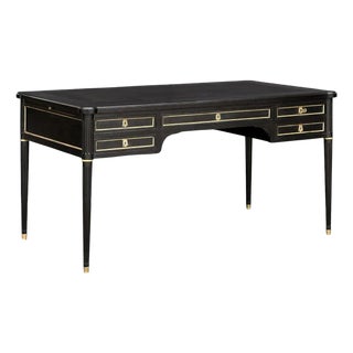 French Ebonized Writing Table or Desk With Embossed Leather Top With Side Leaves For Sale