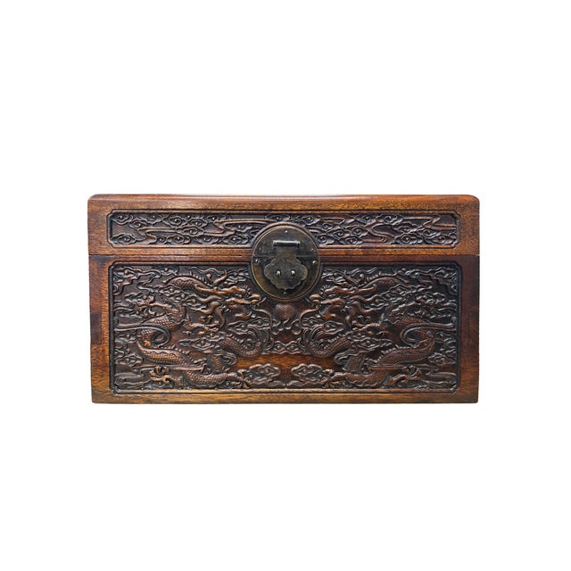 Wood Oriental Dragons Motif Treasure Chest Box Distressed Brown Color Wood For Sale - Image 7 of 12