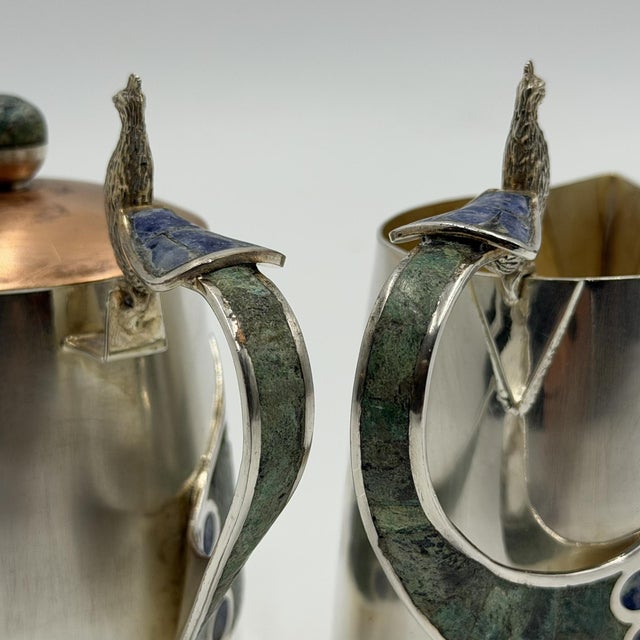 1970s Wolmar Castillo "Peacock" Creamer, Sugar Pot & Ladle W/ Malachite & Lapis Inlay For Sale - Image 13 of 18